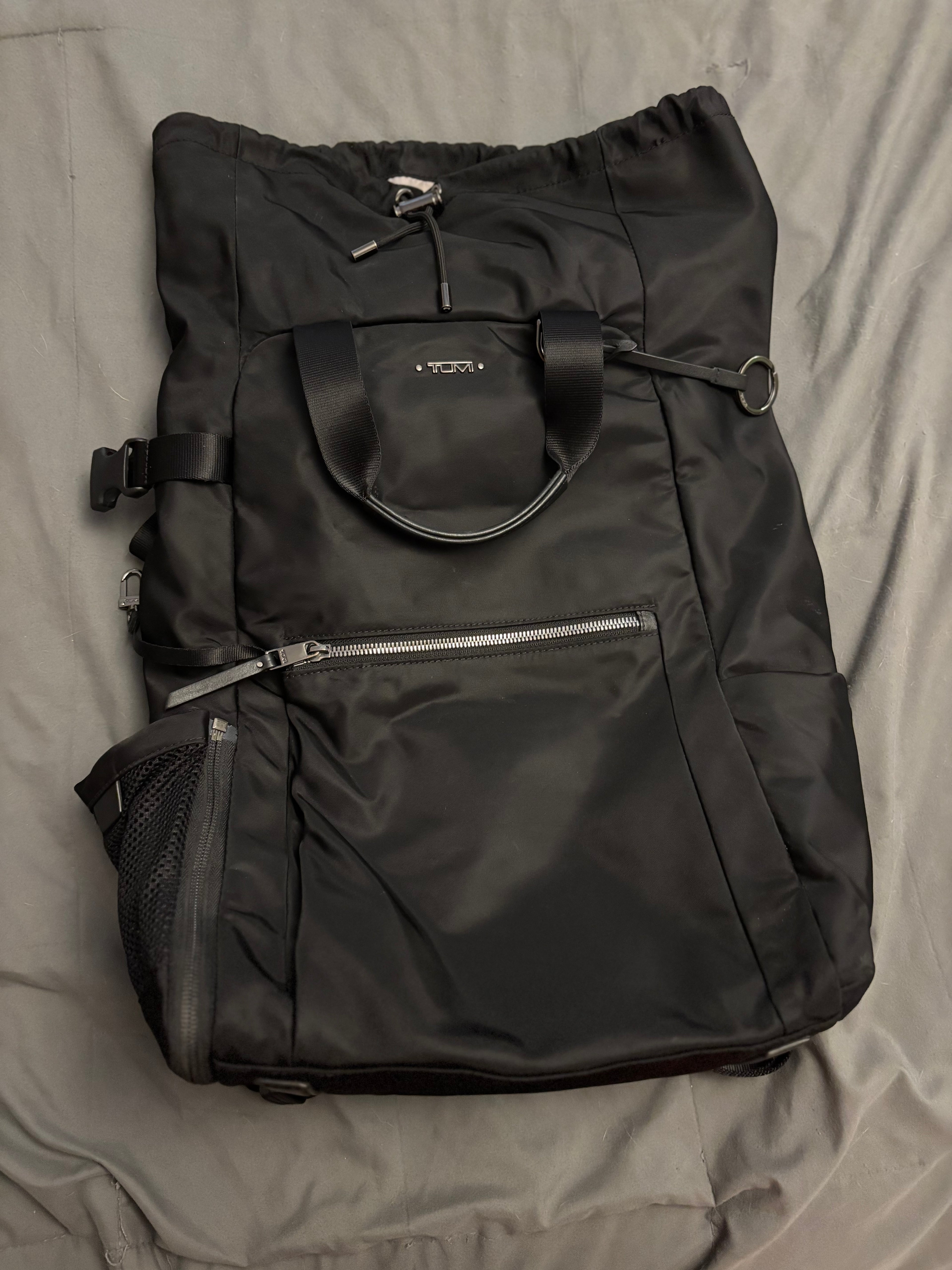 TUMI Voyageur Fern Drawstring Backpack – Black Nylon Luxury Travel Backpack