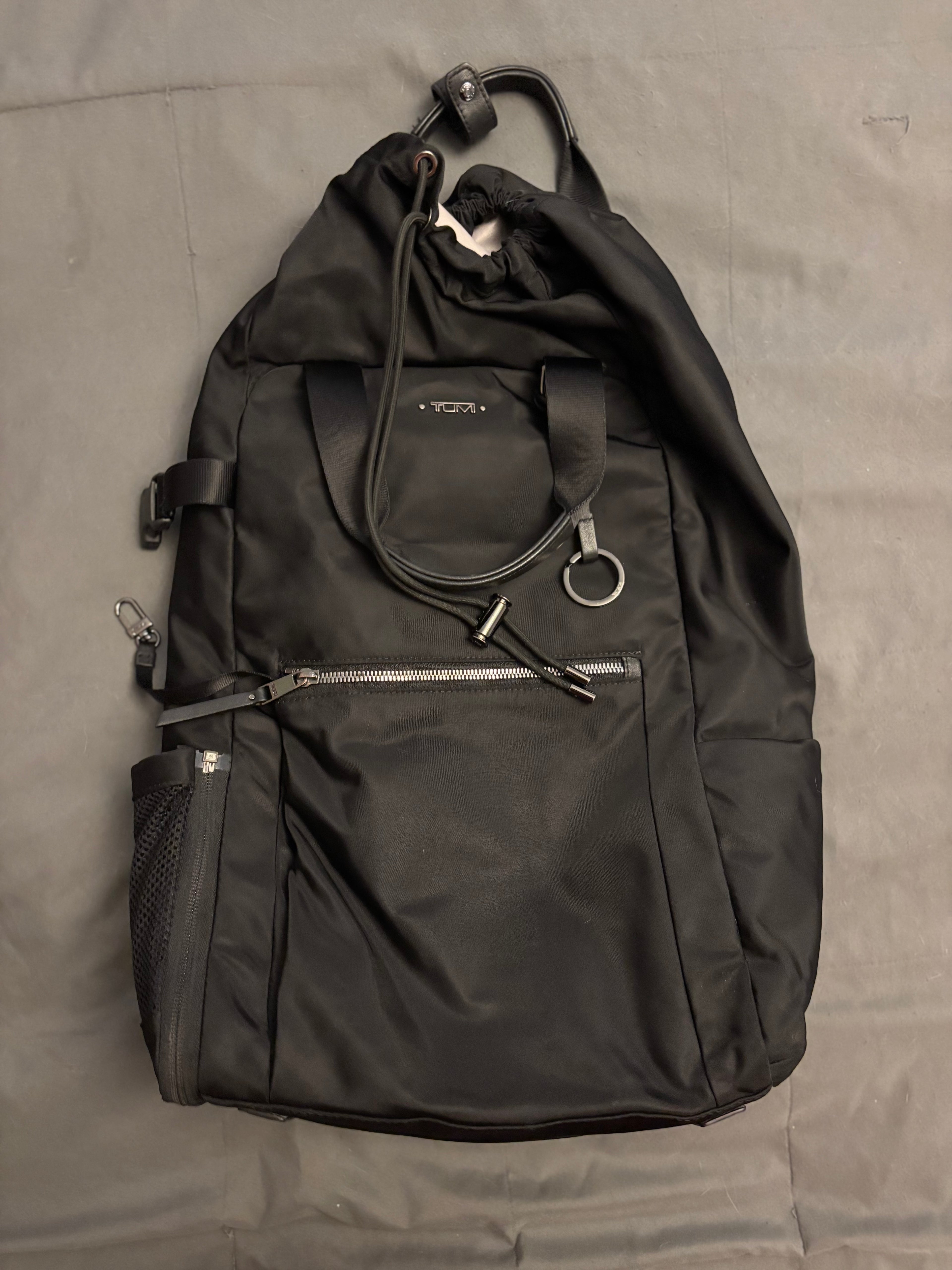 TUMI Voyageur Fern Drawstring Backpack – Black Nylon Luxury Travel Backpack